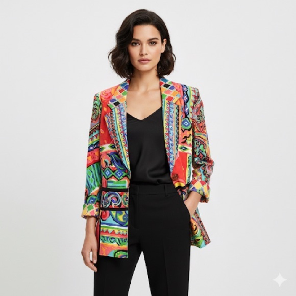 Carole Little Artwear Abstract Print Blazer Womens 4 Red Maximalist Vintage